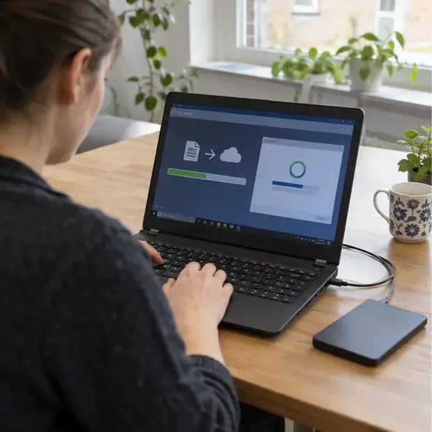 Een persoon maakt een back-up en wist persoonlijke gegevens van een oude laptop voordat deze wordt ingeleverd