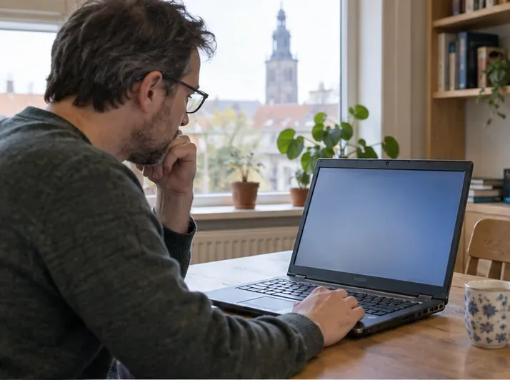 Een man bekijkt een laptop die open op een bureau staat.