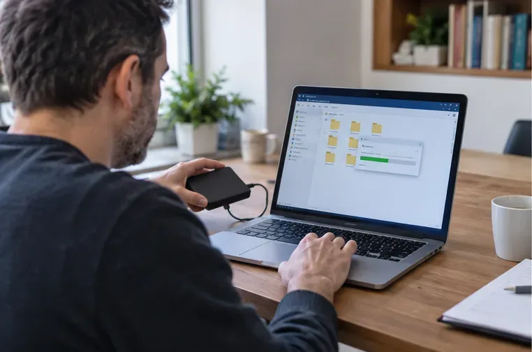 Persoon maakt thuis een back-up van bestanden van een laptop naar een externe schijf voordat de computer wordt ingeleverd