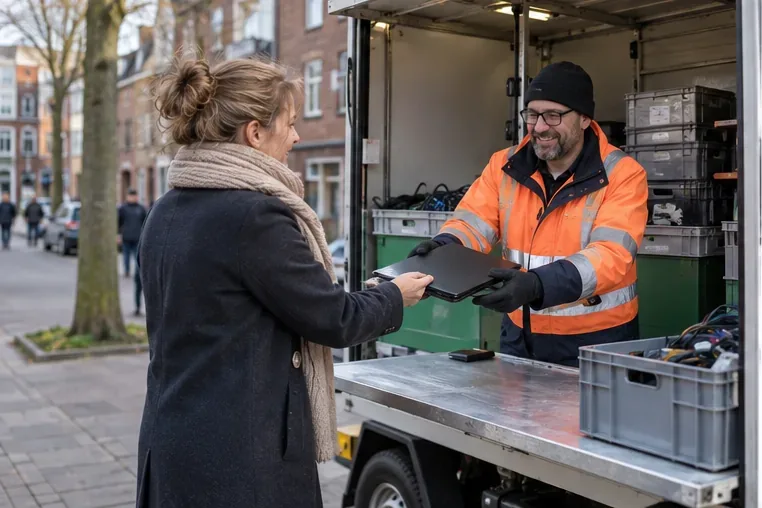 Bewoner overhandigt een kleine laptop aan een medewerker van een mobiele inzamelwagen voor elektronica