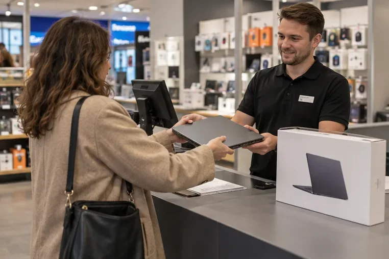 Klant overhandigt een oude laptop aan een medewerker in een elektronicawinkel bij aankoop van een nieuwe computer