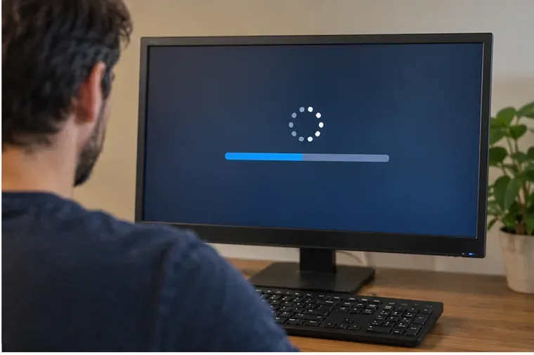 Gebruiker voert thuis een reset uit op een oude desktopcomputer voordat deze wordt ingeleverd