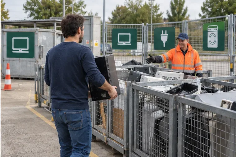 Bezoeker draagt een oude desktopcomputer naar een aparte container voor elektrische apparaten bij een recyclinglocatie