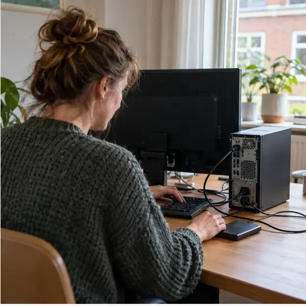 Een gebruiker maakt met een desktopcomputer een reservekopie op een externe opslagdrager voordat de computer wordt ingeleverd