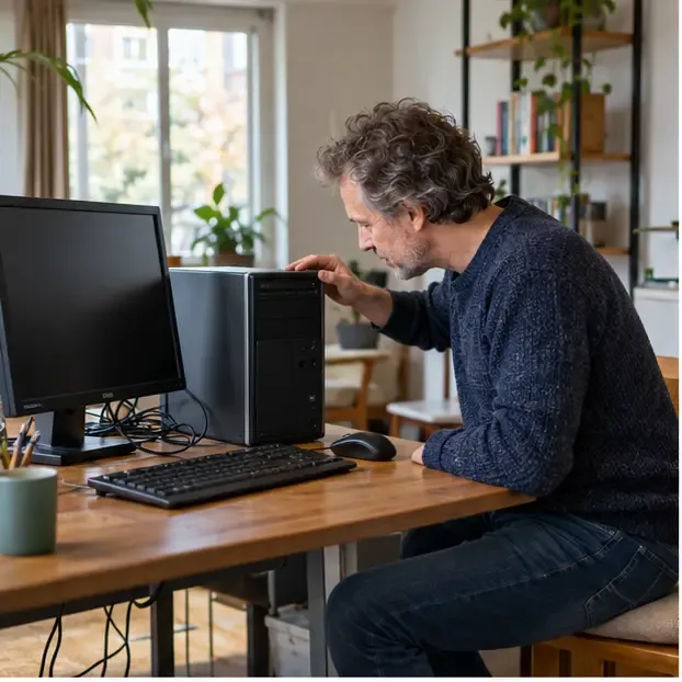 Een bewoner bekijkt een oude desktopcomputer en monitor op een bureau voordat hij een inleverroute kiest