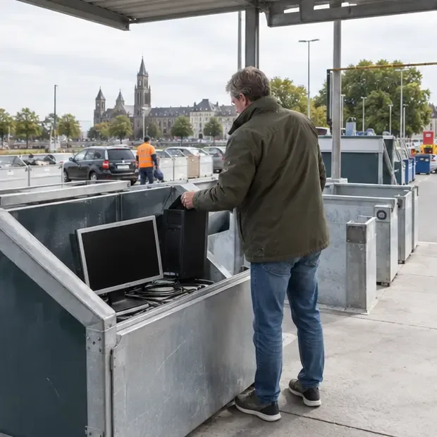 Een bezoeker plaatst een desktopcomputer en monitor in een container voor elektronische apparatuur op een milieupark