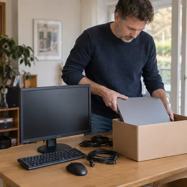Een persoon verpakt een laptop terwijl monitor, toetsenbord en kabels apart op tafel liggen
