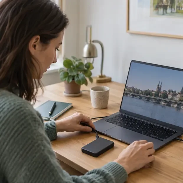 Een persoon kopieert bestanden van een laptop naar een externe harde schijf op een bureau