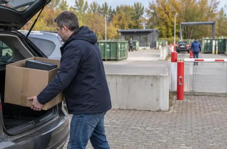 Een man zet een met een doos beschermde computer in de achterbak van een auto bij een gemeentelijk recyclingterrein