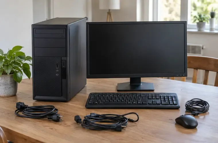 Een desktopcomputer met monitor, toetsenbord, muis en losse kabels staat losgekoppeld op een houten tafel