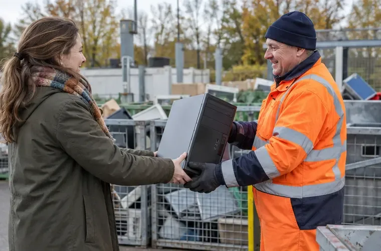 Een inwoner overhandigt een desktopcomputer aan een medewerker in een feloranje veiligheidsjas op een recyclingterrein