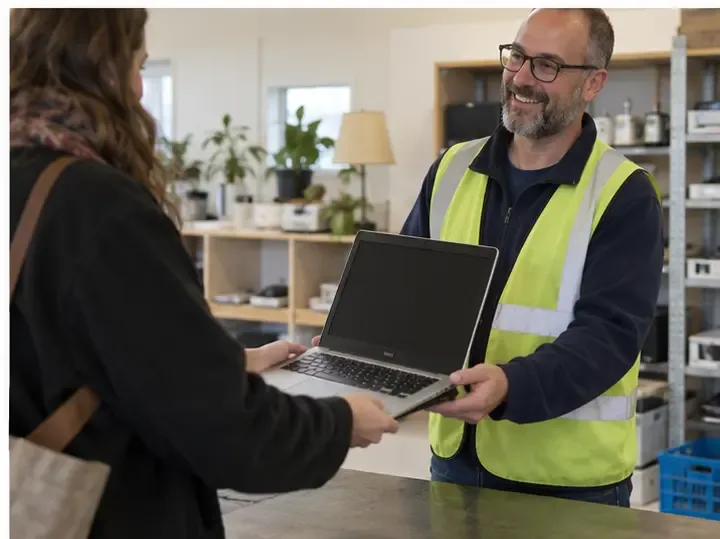 Een medewerker in een veiligheidsvest neemt een werkende laptop aan bij een hergebruikpunt