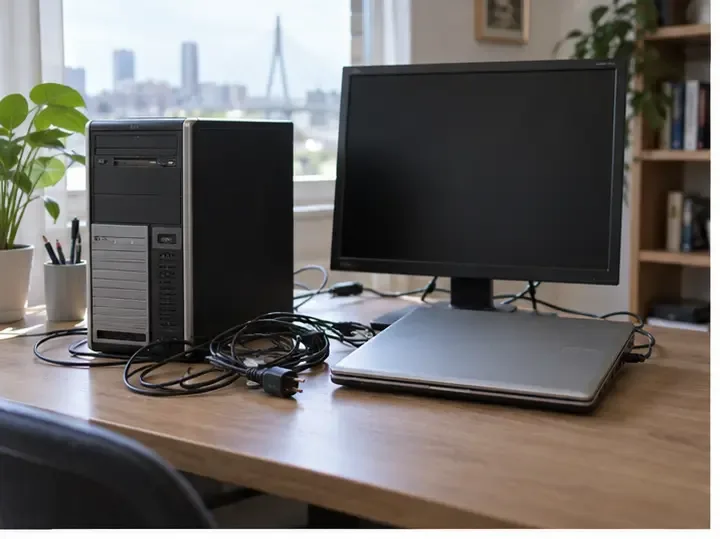 Een oude desktopcomputer, laptop en losse kabels staan ongebruikt op een bureau