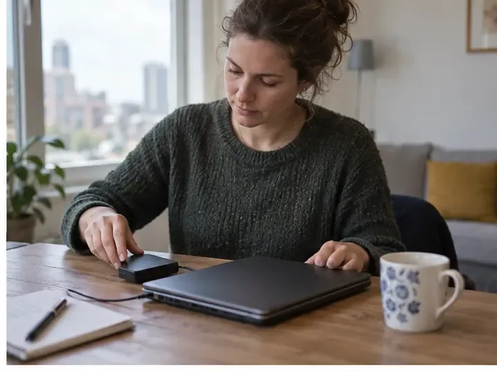 Een vrouw maakt thuis een oude laptop klaar en gebruikt een losse USB-schijf voor een back-up