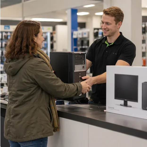 Een klant geeft een oude desktopcomputer aan een medewerker bij de balie van een elektronicawinkel