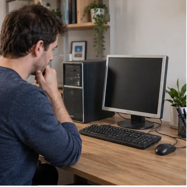 Een oude desktopcomputer met monitor, toetsenbord en muis op een bureau terwijl iemand beoordeelt of het apparaat nog bruikbaar is