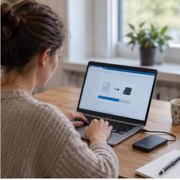 Een persoon maakt op een laptop een reservekopie naar een externe schijf voordat het apparaat wordt gewist