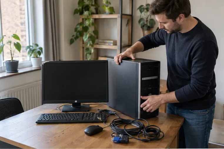 Een oude desktopcomputer met monitor, toetsenbord en kabels op een tafel, klaar om te worden voorbereid voor inlevering