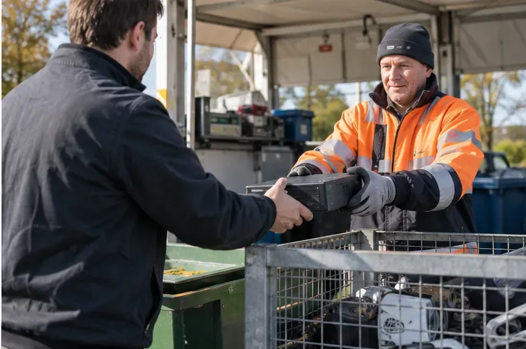 Een medewerker in reflecterende werkkleding neemt een oude computer over bij een inzamelpunt voor elektronica