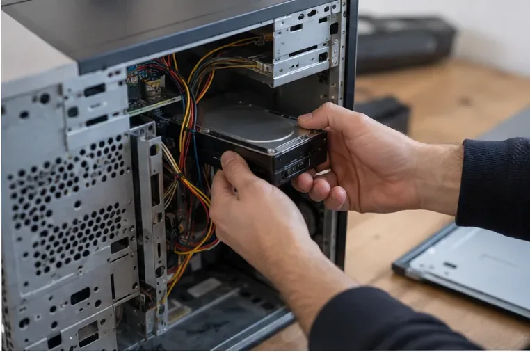 Een geopende desktopcomputer waarbij een harde schijf voorzichtig uit de behuizing wordt gehaald