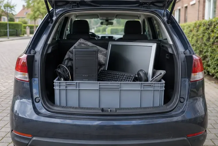 Een desktopcomputer, monitor en accessoires veilig vastgezet in de kofferbak van een auto