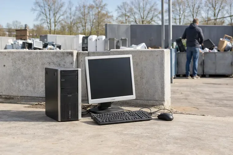 Een desktopcomputer, monitor, toetsenbord en muis bij een gescheiden inzamelpunt voor elektronica