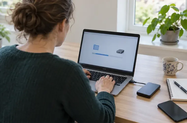 Een persoon maakt op een laptop een back-up en bereidt het wissen van gegevens voor