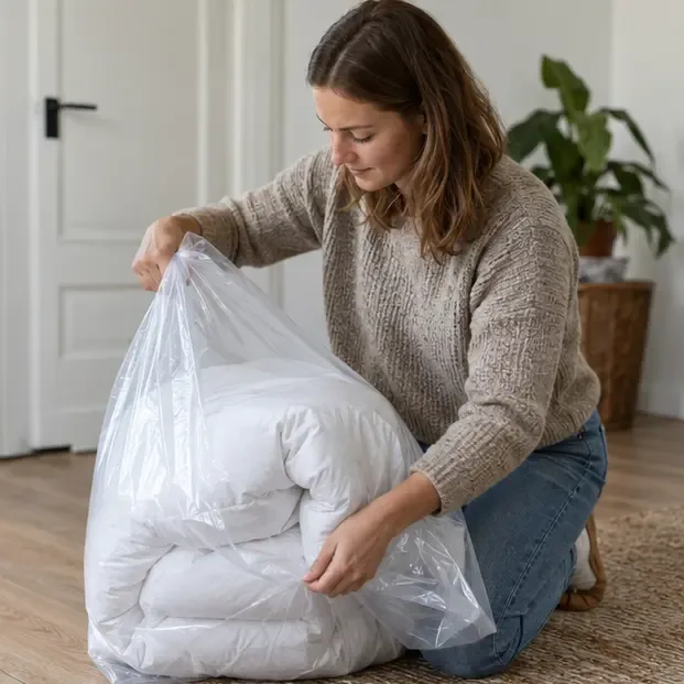 Persoon doet een opgevouwen droog dekbed in een doorzichtige gesloten zak