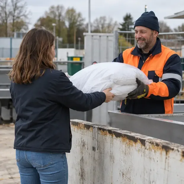 Persoon geeft een verpakt dekbed af aan een medewerker bij een neutraal inzamelpunt