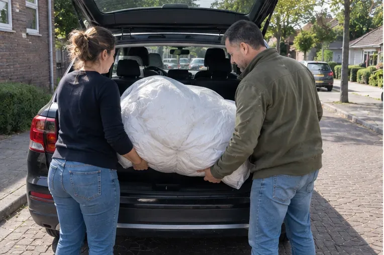 Twee personen laden een groot opgevouwen wit dekbed in de achterbak van een auto voor vervoer naar een afvalbrengstation.