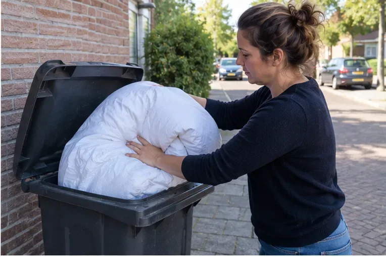 Een vrouw probeert een volumineus wit dekbed in een grijze afvalcontainer te plaatsen en merkt dat het nauwelijks past.