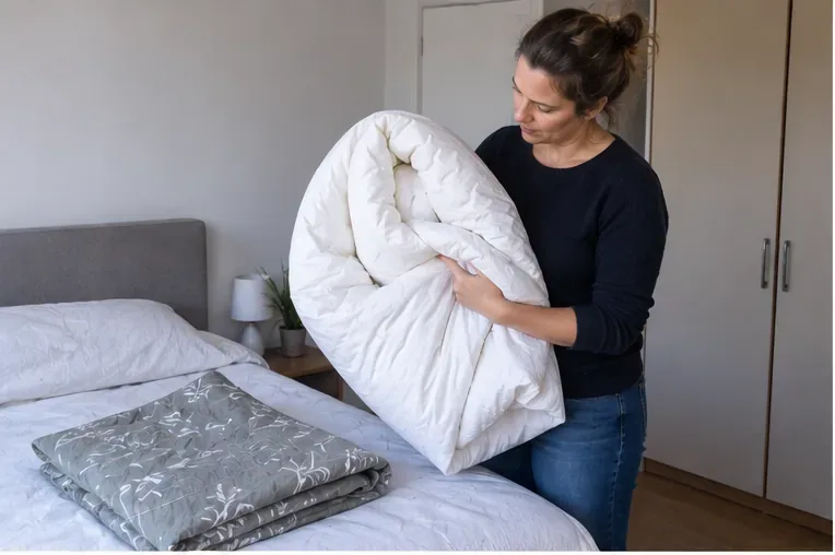 Een vrouw bekijkt een oud wit dekbed in een slaapkamer voordat zij bepaalt hoe het moet worden afgevoerd.