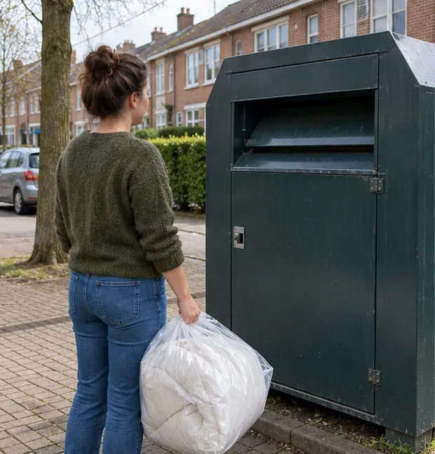 Een bewoner staat met een gesloten zak voor een textielcontainer op een Nederlandse woonstraat.
