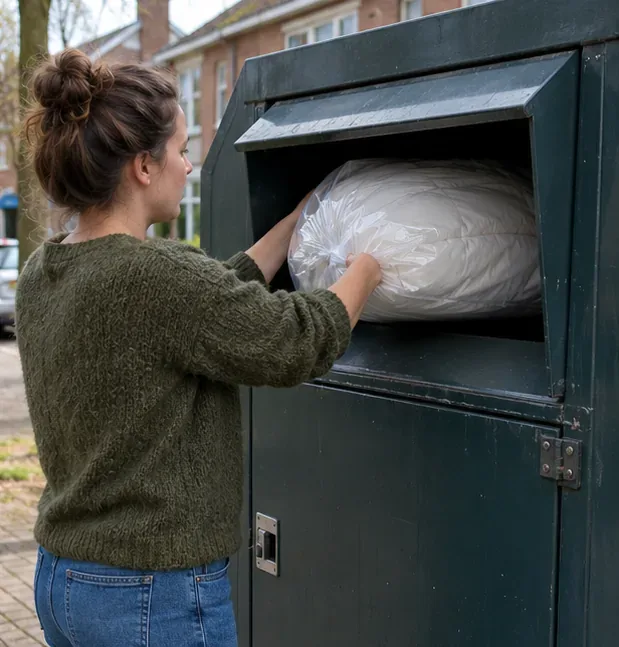 Een gesloten zak met een dekbed wordt in de opening van een textielcontainer geplaatst.