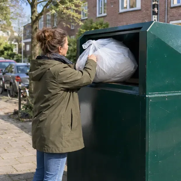 Een vrouw plaatst een gesloten zak met een dekbed in een groene textielcontainer