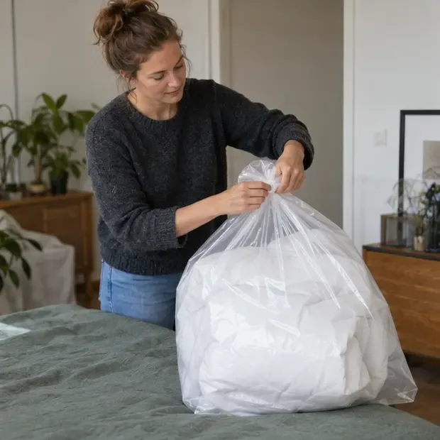 Een vrouw stopt een opgevouwen dekbed in een doorzichtige zak en knoopt die dicht