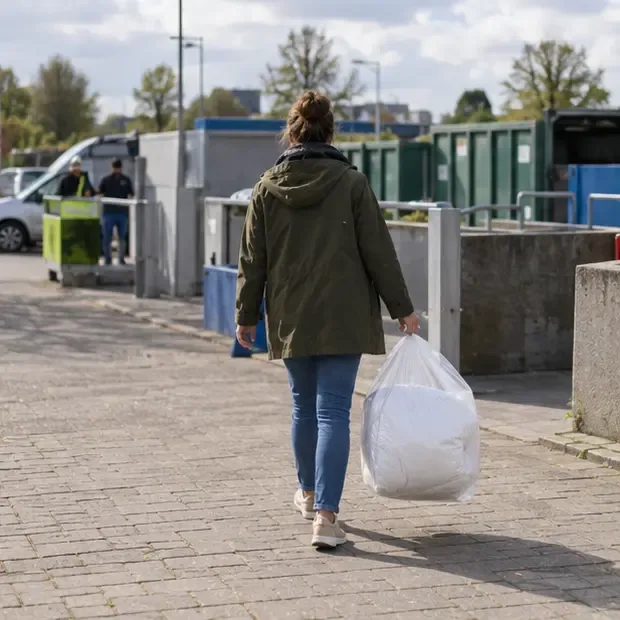 Een vrouw loopt met een gesloten zak met een dekbed naar een gemeentelijk afvalbrengstation