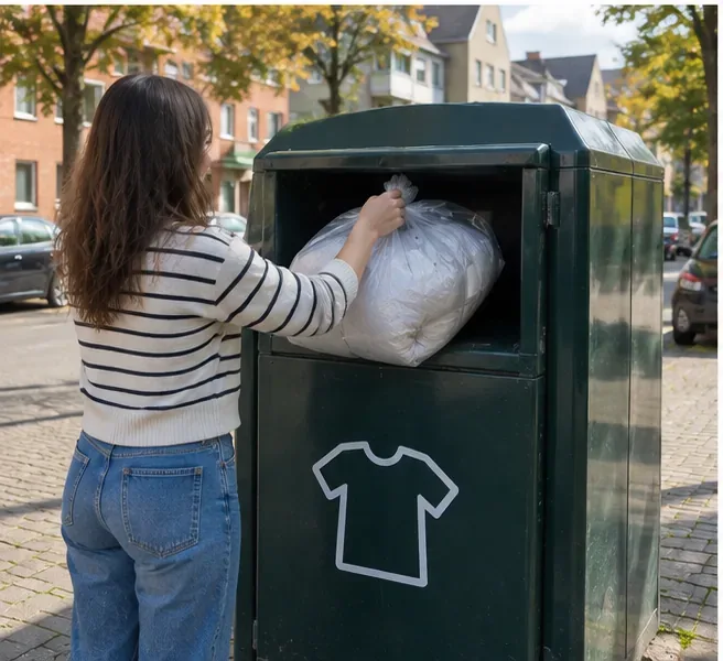 Een vrouw plaatst een afgesloten zak met een wit dekbed in een groene textielcontainer