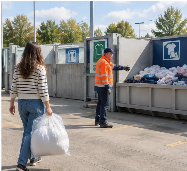 Een vrouw loopt met een verpakt dekbed naar een textielvak op een gemeentelijk afvalbrengstation terwijl een medewerker aanwijzingen geeft