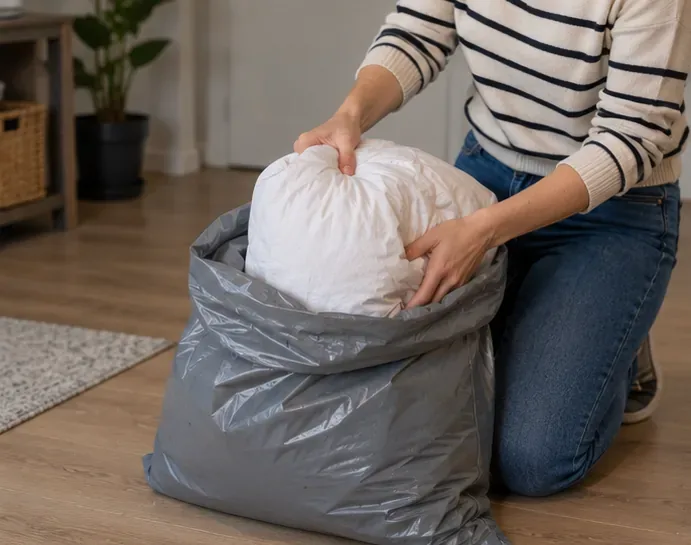 Een schoon wit dekbed wordt in een stevige grijze plastic zak gestopt en afgesloten