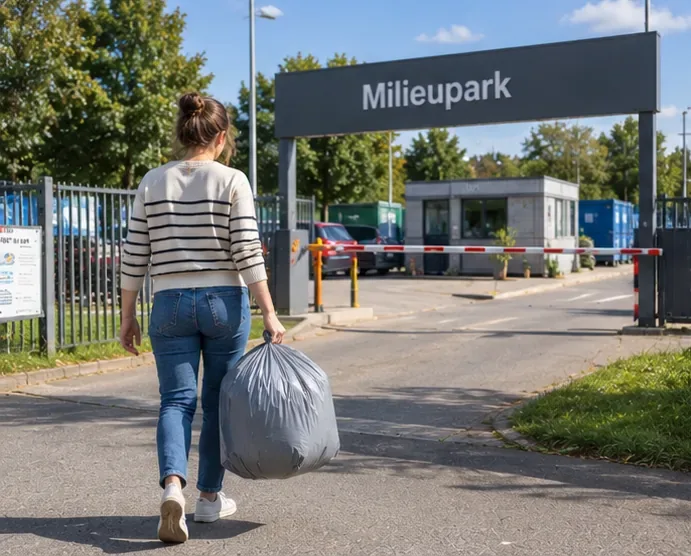 Een vrouw loopt met een gesloten zak met een dekbed naar de ingang van een milieupark
