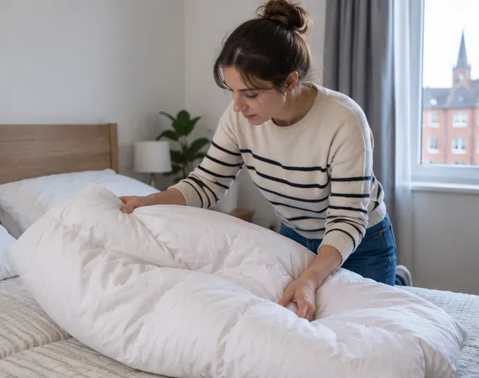 Een vrouw controleert thuis een wit dekbed voordat zij bepaalt hoe het moet worden afgevoerd