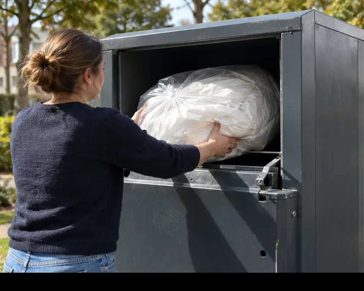 Een verpakt dekbed gaat in een textielcontainer.