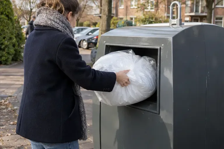 Een afgesloten zak met een dekbed wordt in een textielcontainer op een Nederlandse woonstraat geplaatst