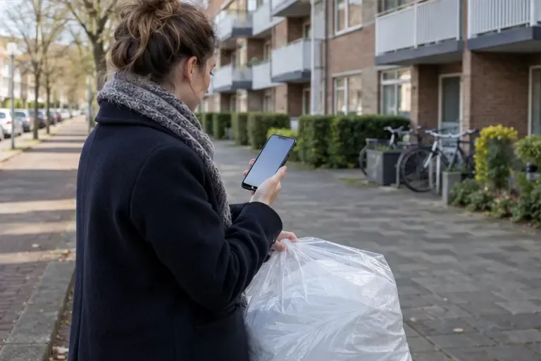 Een inwoner controleert op een smartphone de locatie van een textielcontainer terwijl zij een afgesloten zak vasthoudt
