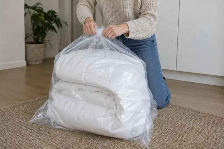 Een opgevouwen dekbed wordt in een doorzichtige zak gedaan die stevig wordt afgesloten