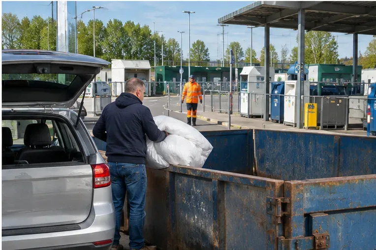 Een man haalt een wit dekbed uit een auto bij een gemeentelijke milieustraat met verschillende afvalcontainers.