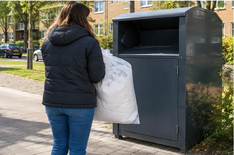 Een persoon draagt een in plastic verpakt wit dekbed naar een bovengrondse textielcontainer in een woonwijk.