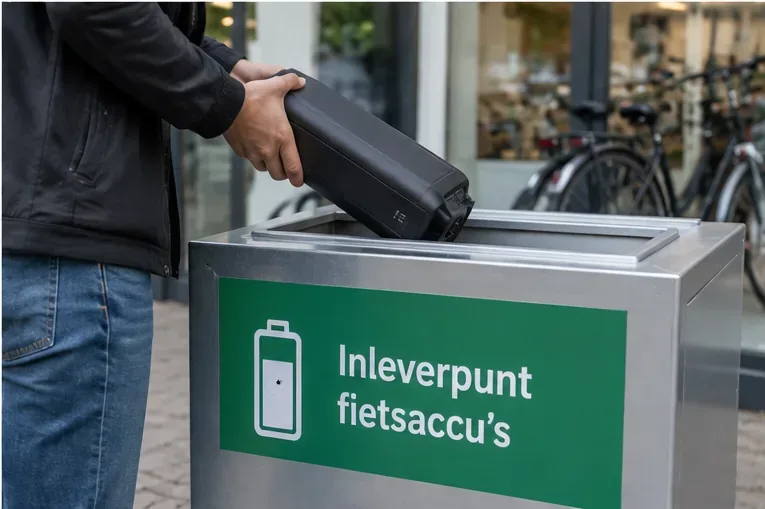 Iemand levert een zwarte e-bikeaccu in bij een duidelijk gemarkeerd inleverpunt voor fietsaccu’s.
