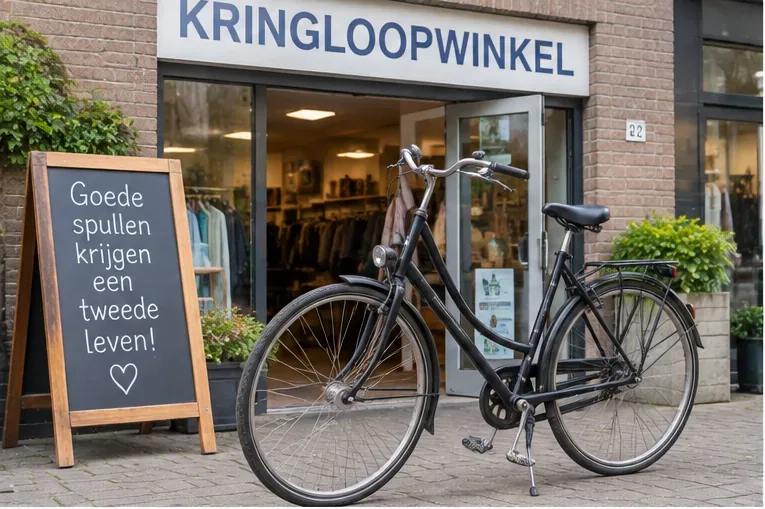 Een bruikbare zwarte stadsfiets staat voor een Nederlandse kringloopwinkel.
